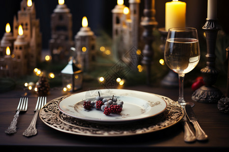 干净餐具刀叉和葡萄酒烛光晚餐背景