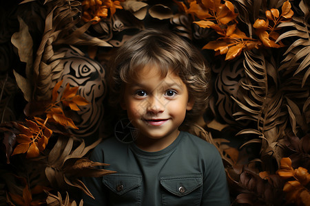 枯叶中的可爱小男孩图片