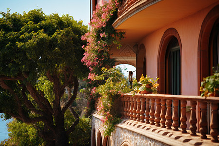 美丽的鲜花别墅阳台背景图片