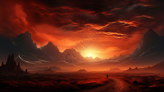 红色日落沙漠沙漠烟直，长河日落轮插画