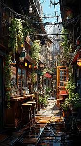复古老城区街道的咖啡馆背景图片