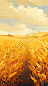 秋天金黄色的麦田创意插图背景图片