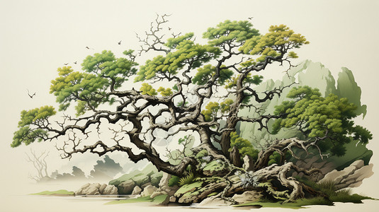 中式古风的老松树创意插图背景图片