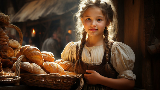 在欧洲在商店里卖面包的小女孩背景