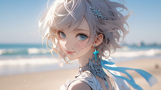 海滩上唯美的银发少女背景图片