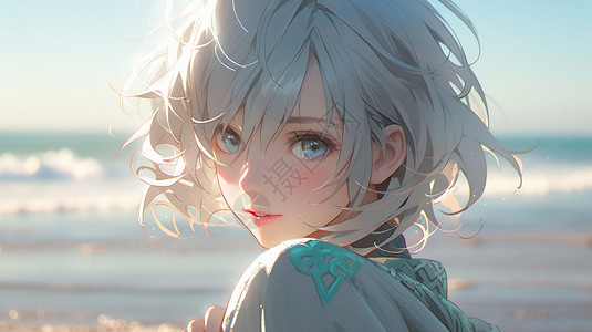 海边的银发二次元少女背景图片