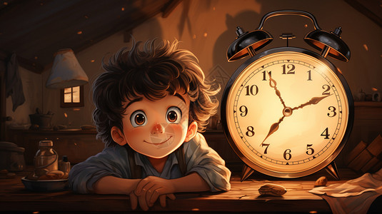 闹钟旁的卡通可爱小男孩背景图片