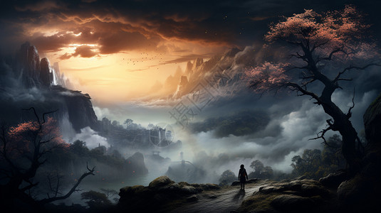 雾气环绕的山林景观插画