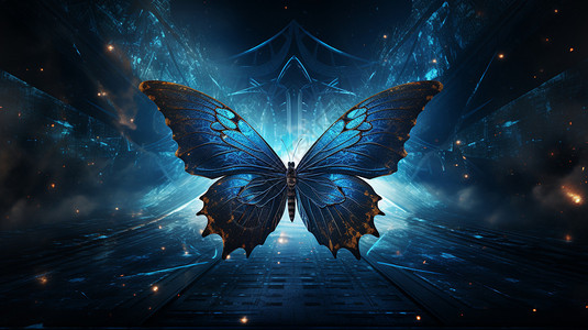 蝴蝶科技科技感发光的蓝色蝴蝶插画