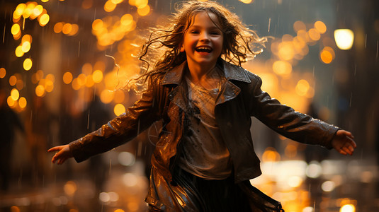 雨中跳舞雨夜中快乐奔跑的小女孩背景