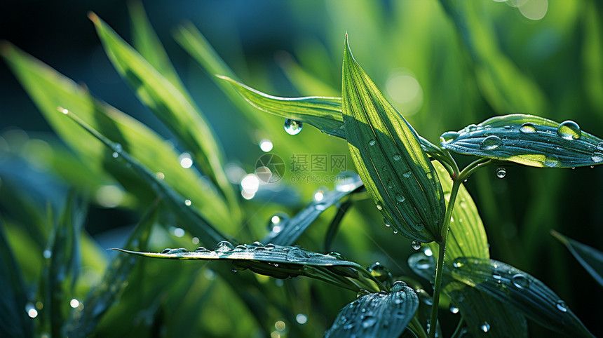 清晨沾满雨滴的绿叶植物图片