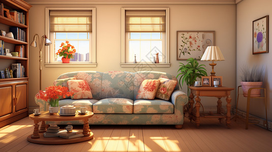 欧式简约室内温馨的公寓客厅装潢插画