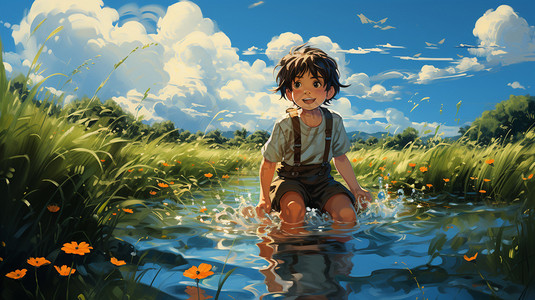 水里玩耍的男孩乡村河流中玩耍的男孩插画