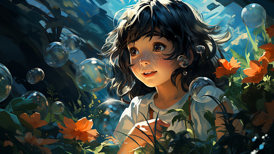 丛林中可爱的卡通少女背景图片