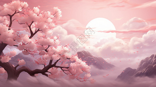 天空中的梅花唯美的粉色系梅花景观插画