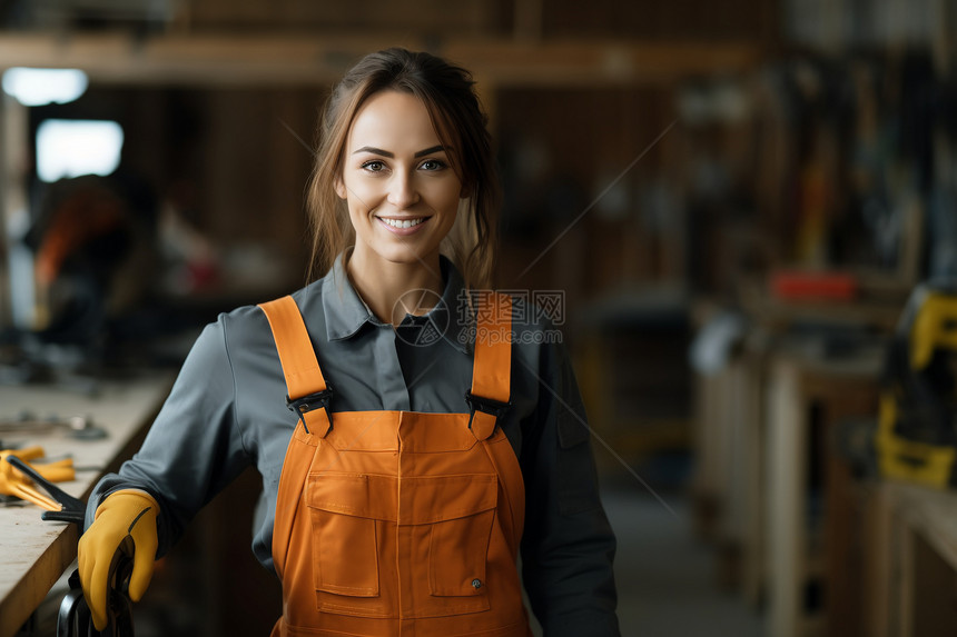 微笑的女工手持工具图片