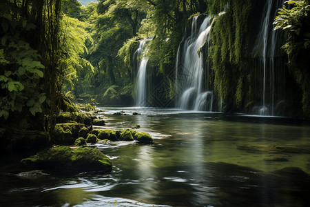 翠绿林中的瀑布图片