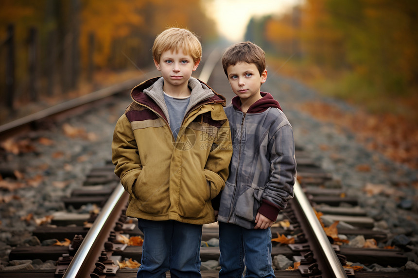秋天户外的两个男孩图片