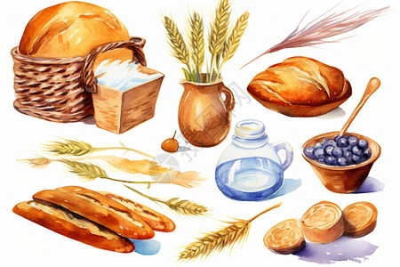 新鲜面粉美味的面包与小麦插画
