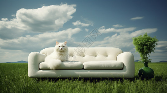 白毛草坪沙发上毛茸茸的白猫背景