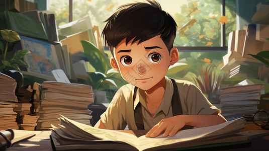 书桌前学习的男孩背景图片