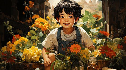 花卉中的可爱小男孩图片