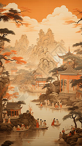 中式古风的山间风水画背景图片
