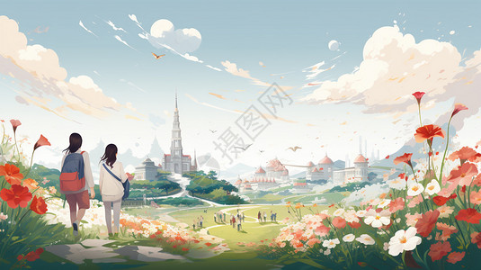 华侨城创意园园草坪上的美丽景观插画