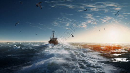 渔船出海海浪中航行的船只插画