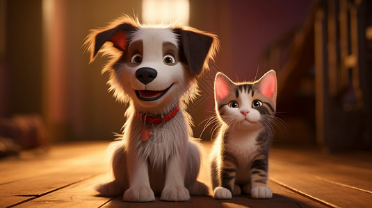 卡通风格的猫咪和狗狗背景图片