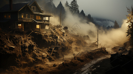 泥石流山体滑坡的毁坏场景设计图片
