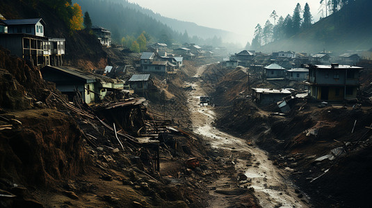 贫穷村庄自然灾害泥石流后的毁坏场景设计图片
