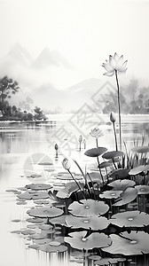 创意艺术的池塘荷花水墨画背景图片