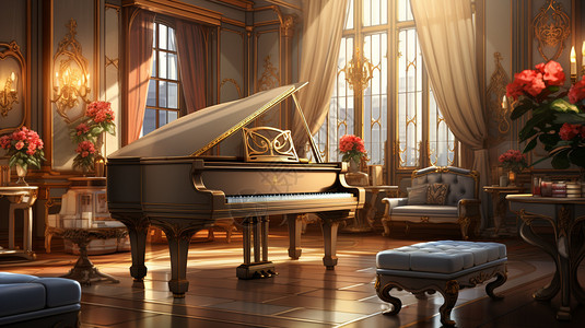 典雅家具温馨复古的琴房插画