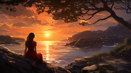 海边眺望独自欣赏海上落日的女子插画