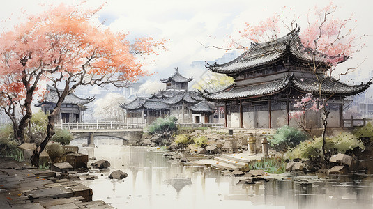 传统古风建筑庭院插图背景图片