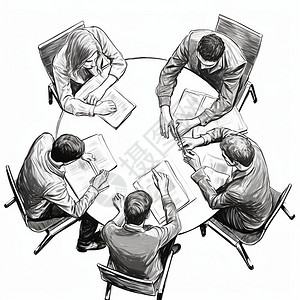 商业会议室小组开会手绘插图背景图片