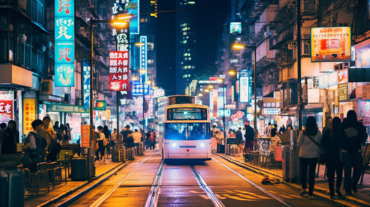 夜晚路人人潮拥挤的香港城市街道背景
