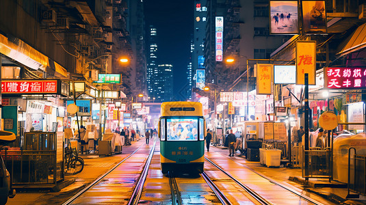 夜晚繁忙的香港城市街头高清图片