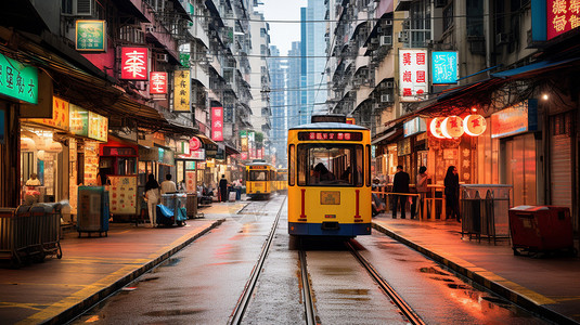 香港城市街道中的电车背景图片