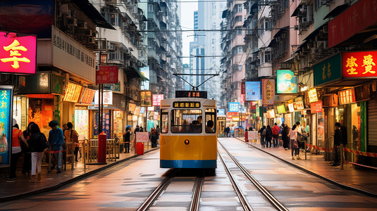 香港电车热闹的香港城市街头背景