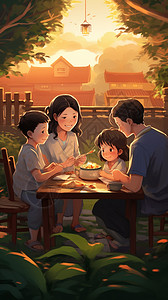 庭院中饭桌前的一家人插画