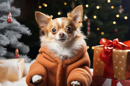 圣诞树旁的小狗宝宝背景图片