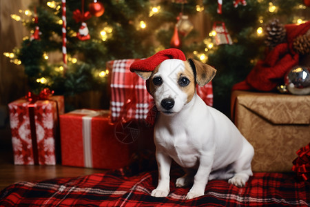 圣诞树旁的小狗和礼物背景图片