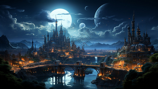 夜晚梦幻的山中城堡图片