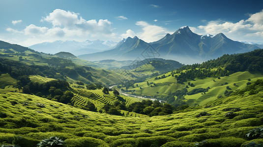 郁郁葱葱的山间种植茶园景观图片