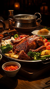 烤鸭制作餐桌上诱人的北京烤鸭背景