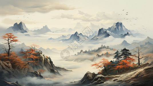 中式古风的山间风景水墨画背景图片