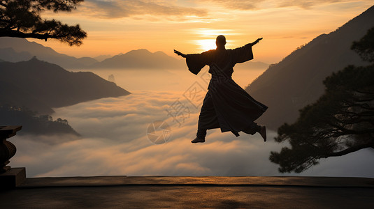 山顶练武的道士背景图片