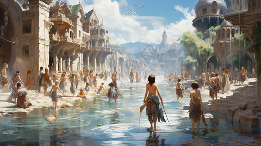 古代城镇居民戏水景观图片